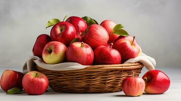 ein Korb gefüllt mit frisch gepflückt Äpfel symbolisieren das reichlich Ernte von Herbst gegen ein minimal Weiß Hintergrund foto