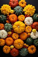 bunt Kürbisse vereinbart worden im ein Kreis symbolisieren das Herbst Tagundnachtgleiche ein Zeit von Ernte und Balance foto