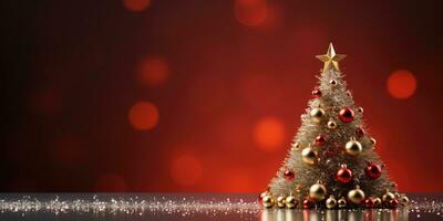 Weihnachten Baum mit rot und Gold Dekorationen auf ein rot Hintergrund . ai generiert foto