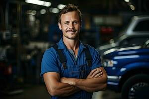 Techniker, männlich Auto Mechaniker im Overall im modern Auto Reparatur Geschäft, Garage. generativ ai foto