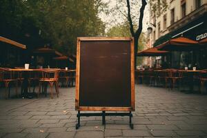 leeren Tafel Zeichen Attrappe, Lehrmodell, Simulation im Vorderseite von ein Restaurant , Speisekarte Tafel mit ein Straße Cafe oder Restaurant. generativ ai foto