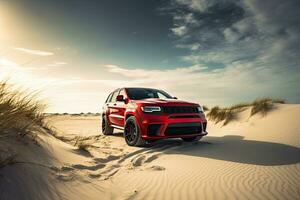 Luxus Auto auf Sand Dünen. generativ ai foto