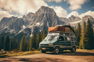 Camping im das Berge. Wohnwagen Auto auf das Hintergrund von Berge. generativ ai foto