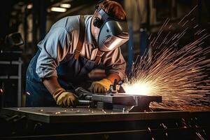 industriell Arbeiter tragen schützend Kleidung und Maske Schweißen Metall im Fabrik. generativ ai foto