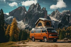 Camping im das Berge. Wohnwagen Auto auf das Hintergrund von Berge. generativ ai foto