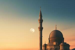 Minarett von Moschee beim Sonnenuntergang, Ramadan karem, eid Mubarak ai generativ foto