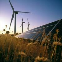 Photovoltaik Paneele und Wind Turbinen. Alternative Energie Quelle. ai generativ foto