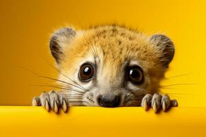 süß Baby Lemur Klettern auf ein Gelb Mauer ai generativ foto