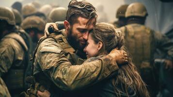 emotional Wiedervereinigung von Soldat mit Ehefrau im Krieg Zone tragisch Abschied ai generiert foto