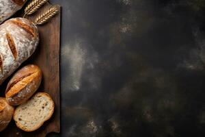 frisch gebacken Brot und Weizen Ohren auf rustikal Hintergrund. oben Aussicht mit Kopieren Raum. generativ ai foto