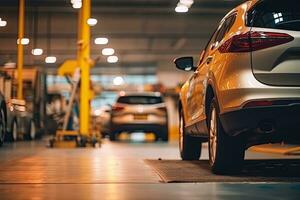 Auto Reparatur Service. Auto Mechaniker reparieren Auto im Auto Reparatur Geschäft. generativ ai foto