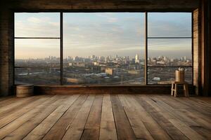 Innere von modern Dachgeschoss mit hölzern Fußboden und Panorama- Stadt Sicht. generativ ai foto