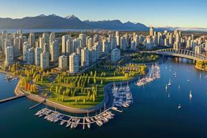 Antenne Aussicht von Vancouver, Amerika, Antenne Panorama von Innenstadt Stadt beim falsch Bach, Vancouver, britisch Columbia, Kanada, ai generiert foto