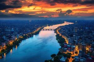 Bangkok Stadtbild beim Sonnenuntergang mit Chao Phraya Fluss, Thailand, Antenne Horizont Aussicht von Hanoi. Hanoi Stadtbild beim Dämmerung, ai generiert foto