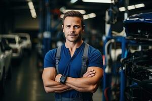 Techniker, männlich Auto Mechaniker im Overall im modern Auto Reparatur Geschäft, Garage. generativ ai foto