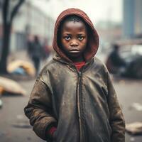 Arm afrikanisch Junge im das Stadt während foto