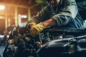 Nahansicht von Mechaniker Hände reparieren Auto Motor im Auto Reparatur Geschäft. generativ ai foto