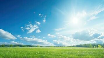 schön Sommer- Landschaft mit Grün Wiese und Blau Himmel mit Wolken. generativ ai foto