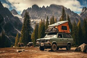 Camping im das Berge. Wohnwagen Auto auf das Hintergrund von Berge. generativ ai foto