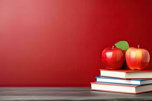 zurück zu Schule Konzept mit Bücher, Bleistifte und Apfel auf hölzern Tisch. generativ ai foto