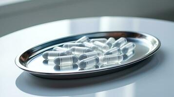 das pharmazeutische Arzneimittel-Medizin Tabletten Kapseln im Silber Tablett. benutzt zum Erleichterung Krankheit, Essen Ergänzung, oben Sicht, ai generativ foto