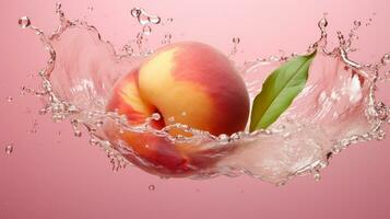frisch saftig Pfirsich Obst mit Wasser Spritzen isoliert auf Hintergrund, gesund Frucht, ai generativ foto