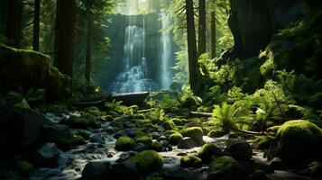 ein zauberhaft Wald, ein Kaskadierung Wasserfall sprudelt Nieder moosbedeckt Felsen, umgeben durch hoch aufragend Bäume und beschwingt Wildblumen, ai generativ foto