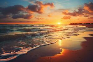 arafiert Aussicht von ein Strand mit Wellen und ein Sonnenuntergang. generativ ai. foto