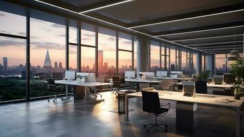 modern Büro Innere mit Panorama- Fenster und schön Beleuchtung. generativ ai foto