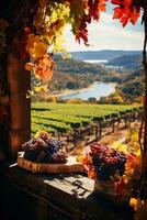 lebendig Laub Frames ein Weinberg Rahmen das Szene zum ein zauberhaft Herbst Wein Verkostung Ausflug foto