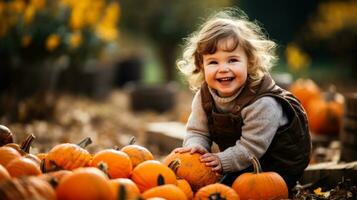 ein heiter Kind Picks ein perfekt Kürbis von ein weitläufig Patch umgeben durch beschwingt Herbst Blätter und festlich Dekorationen foto