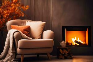 ein warm Leben Zimmer mit ein Geknister Kamin Herbst Blätter draußen und ein gemütlich Sessel Hintergrund mit leeren Raum zum Text foto
