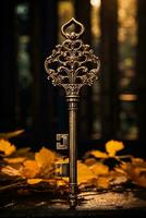 ein Jahrgang Schlüssel mit ein gespenstisch Aura symbolisieren das Eingang zu mysteriös verfolgt Häuser während Oktober foto