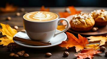 ein dämpfen Becher von Kürbis würzen Latté umgeben durch frisch gebacken Apfel Zimt Muffins und fallen Herbst Blätter foto