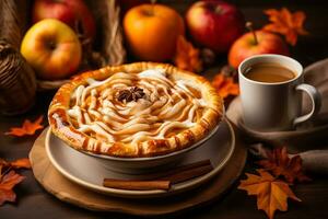 aromatisch dämpfen Kürbis Latté und ein Teller von köstlich karamellisiert Apfel Kuchen auf ein gemütlich Herbstthema Tabelle foto