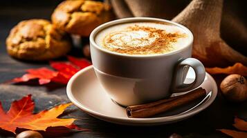 ein dämpfen Becher von Kürbis würzen Latté umgeben durch frisch gebacken Apfel Zimt Muffins und fallen Herbst Blätter foto