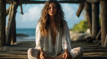 ehrgeizig Gelassenheit, groovig Yoga auf das Strand. generativ ai foto