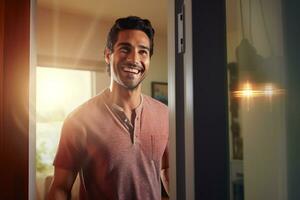 glücklich Mann öffnet Tür zu herzlich willkommen Nachbar foto