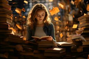 ein Frau sitzt und liest ein Buch im ein Bibliothek foto