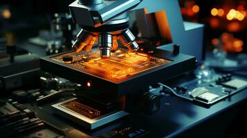 hoch Technik futuristisch Digital Mikroskop im wissenschaftlich oder medizinisch Labor zum Forschung foto
