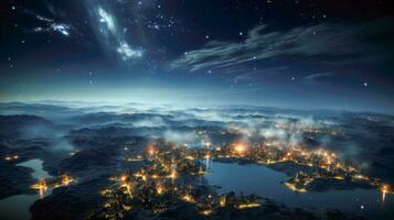 Stadt beim Nacht mit sternenklar Himmel und Komet traumhaft und schön Nachtlandschaft mit Berge und Wasser ai generativ foto
