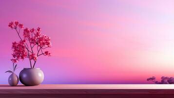 Rosa Blumen auf hölzern Tabelle mit Pastell- Himmel Hintergrund zum Wellness und Schönheit Konzept ai generiert foto