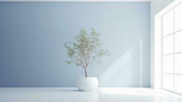 minimalistisch Bild von ein klein Baum im ein Topf auf ein Weiß Tabelle im ein Blau Zimmer Minimalismus und Negativ ai generativ foto