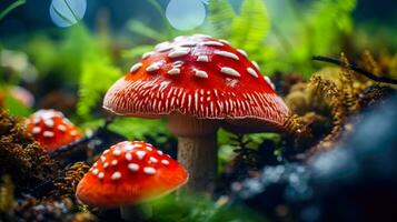 ein Nahansicht von das giftig und mystisch Pilz ai generiert foto