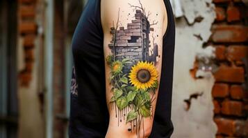 welk Sonnenblumen im ein ruiniert Stadt Graffiti Stil tätowieren auf Schulter ai generativ foto