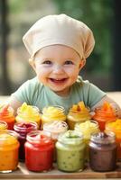ein Nahansicht Foto von ein glücklich Baby versuchen ein Vielfalt von bunt und nahrhaft vegan und Vegetarier Püree