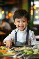 Kleinkinder erkunden Neu Aromen und Kulturen wie Sie entzückend Geschmack ein Vielfalt von International Küche zum das zuerst Zeit foto