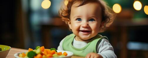 Nahansicht von ein Baby glücklich genießen ein bunt Teller von nährstoffreich vegan und Vegetarier Baby Essen Optionen foto