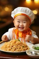 bezaubernd Babys erkunden das Welt von Aromen weit aufgerissen und zögerlich wie Sie Stichprobe vielfältig International Küche foto