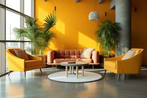 Hotel Empfangshalle mit städtisch Stil Möbel professionell Fotografie ai generiert foto